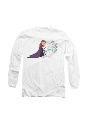White long-sleeve shirt featuring an illustration of a girl in a purple cape hugging a snowman, with "Warm Hugs" text and floral details.