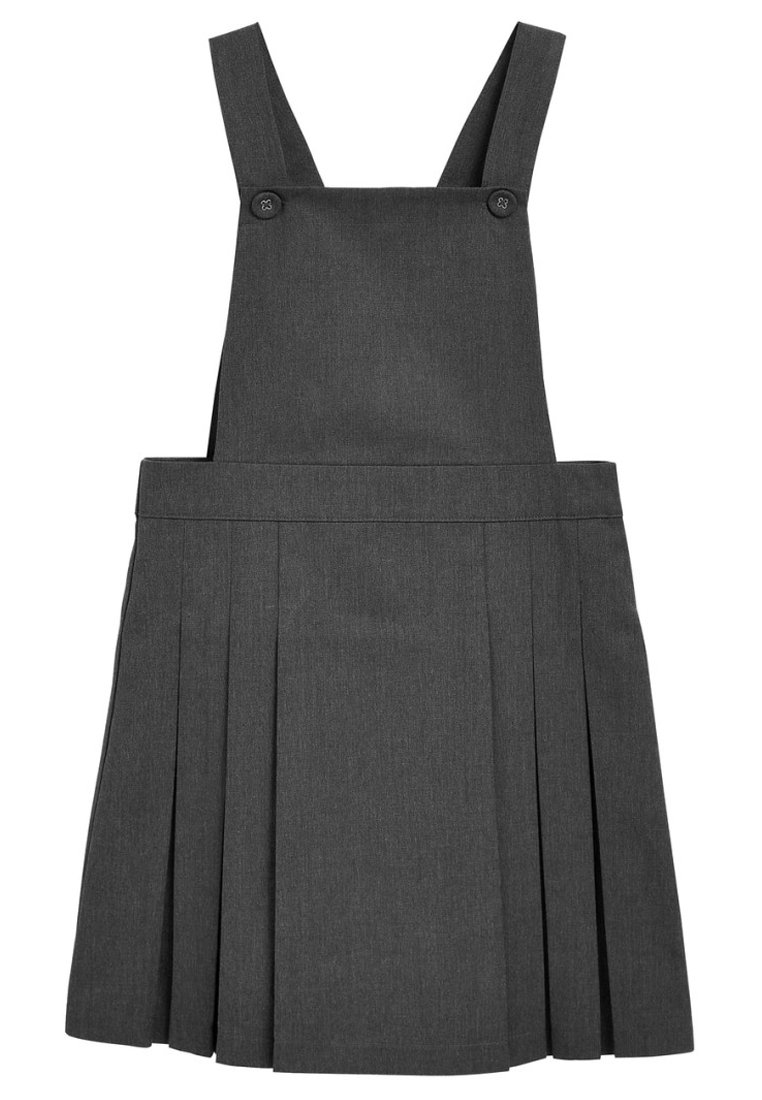 Šedé šaty typu dungaree s nastavitelnými ramínky, dvěma předními knoflíky a sukní s plisováním. Vyrobené z texturované tkaniny pro zvýšenou odolnost.