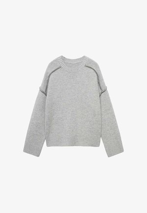Light gray knitted sweater with a crew neck, ribbed hem, and decorative stitching along the shoulder seams. Loose fit with long sleeves.
