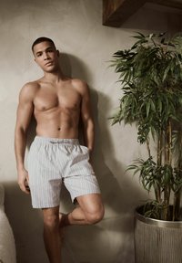 Shorts rayés bleu clair et blanc avec une taille élastique, le modèle se tient contre un mur texturé près d'une plante verte dans un pot métallique.
