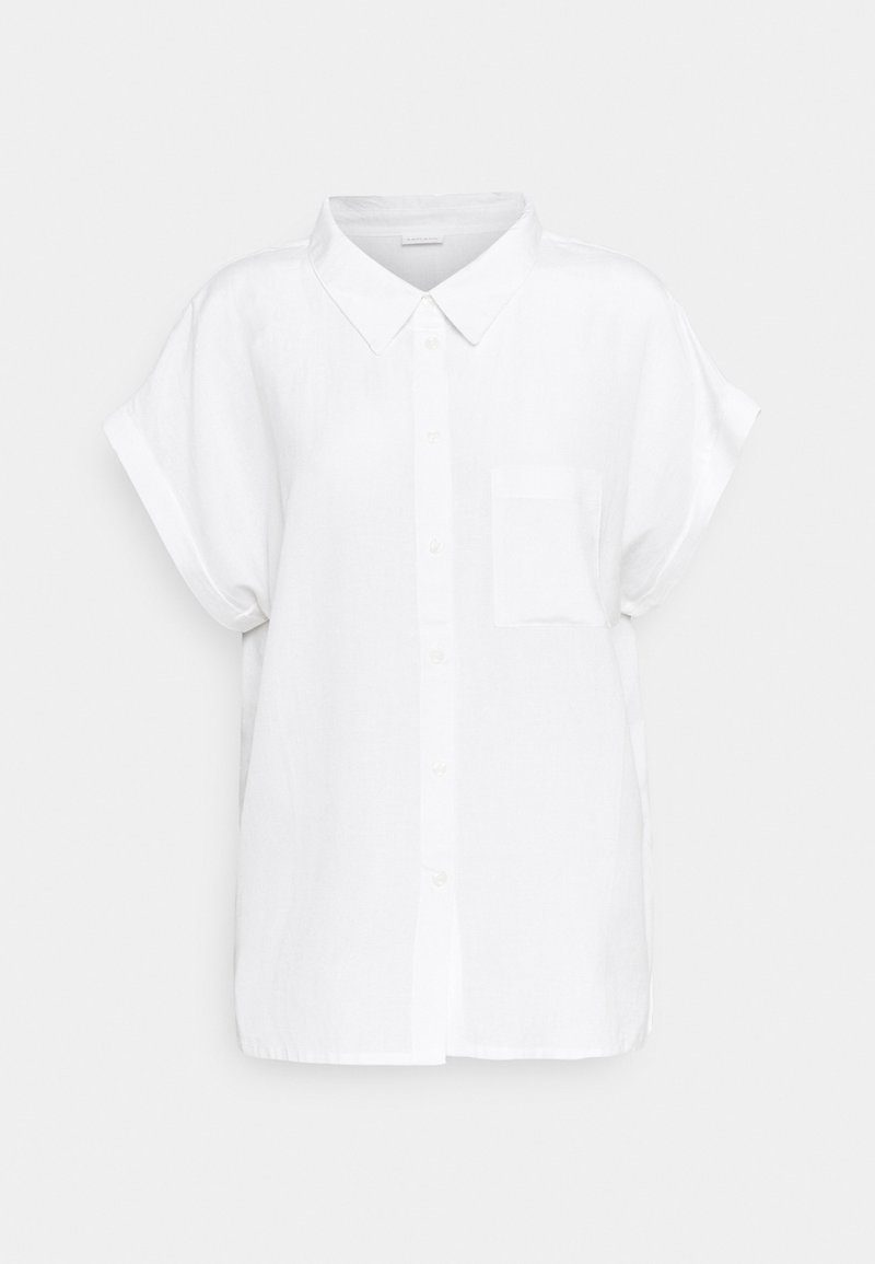 Weißes kurzärmliges Hemd mit Knopfleiste aus leichtem Stoff. Verfügt über einen Kragen, eine einzelne Brusttasche und eine lässige Passform.
