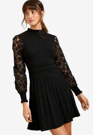 Black dress with long, floral-embroidered sheer sleeves, a fitted bodice, pleated skirt, and ribbed neckline and cuffs.