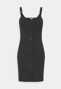 Black ribbed dress with thin straps, featuring a button-down front, fitted shape, and knee-length hem. Smooth texture, no patterns or accents.