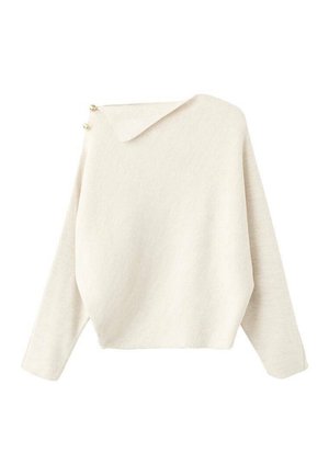 Gebreide trui in roomkleur met lange mouwen, een asymmetrische halslijn die aan één schouder wordt vastgezet met twee gouden knopen.