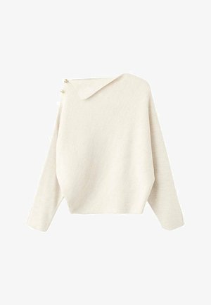 Sweter z dzianiny w kolorze kremowym, z długimi rękawami i asymetrycznym dekoltem zapinanym na dwa złote guziki na jednym ramieniu.