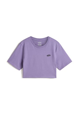 Purple cropped t-shirt made of cotton, featuring short sleeves and a round neckline. Includes a small, black Vans logo on the chest.