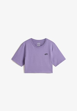 T-shirt cropped viola in cotone, con maniche corte e scollatura rotonda. Include un piccolo logo Vans nero sul petto.