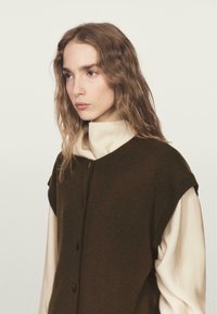 Brown knit sleeveless sweater with a round neckline and button front, worn over a cream high-collared top; textured fabric, relaxed fit.