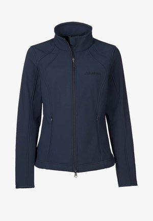 Veste softshell marine avec col montant, fermeture éclair complète et deux poches latérales. Présente des coutures détaillées et un logo discret sur la poitrine.