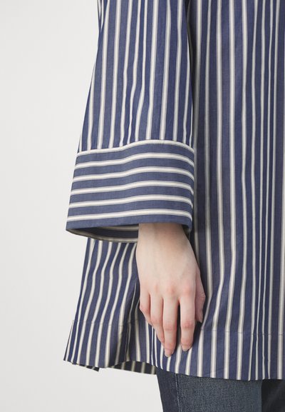 Chemise rayée bleue et blanche avec des manches larges, des détails sur les poignets et une coupe ample. Tissu lisse et ourlet avec une finition nette.