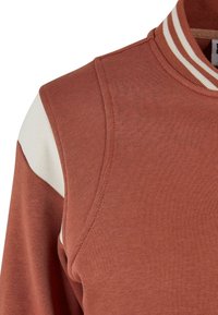 Roostevärvi dressipluus, millel on soonikraega valged triibud, sisseehitatud varrukad ja sile, tekstureeritud kangas.