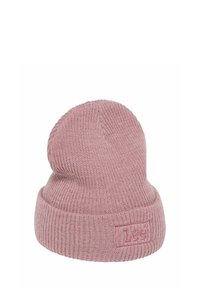 Neulottu pipo pehmeässä vaaleanpunaisessa värissä, jossa on ribattu osa. Pipoassa on teksturoitu pinta ja hienovarainen logopatchi edessä.