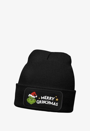 Schwarze Strickmütze mit umgeschlagenem Bündchen. Auf dem grafischen Aufnäher ist eine grüne Figur mit einem Weihnachtsmannhut und dem Text "MERRY GRINCHMAS" sowie Sternen zu sehen.