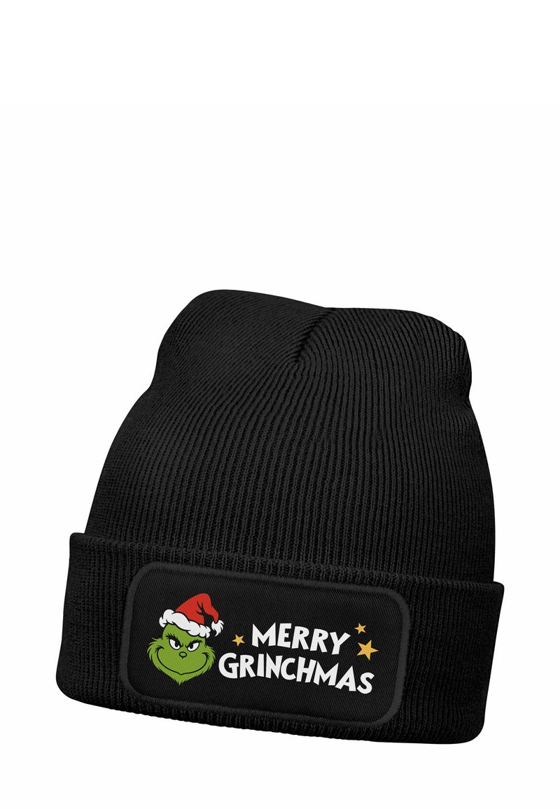 Black knit beanie featuring a folded cuff. Graphic patch displays a green character in a Santa hat with text "MERRY GRINCHMAS" and stars.
