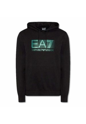 Sweat à capuche noir avec logo EA7 Emporio Armani vert et texte sur la poitrine, avec une poche avant et une capuche à cordon.