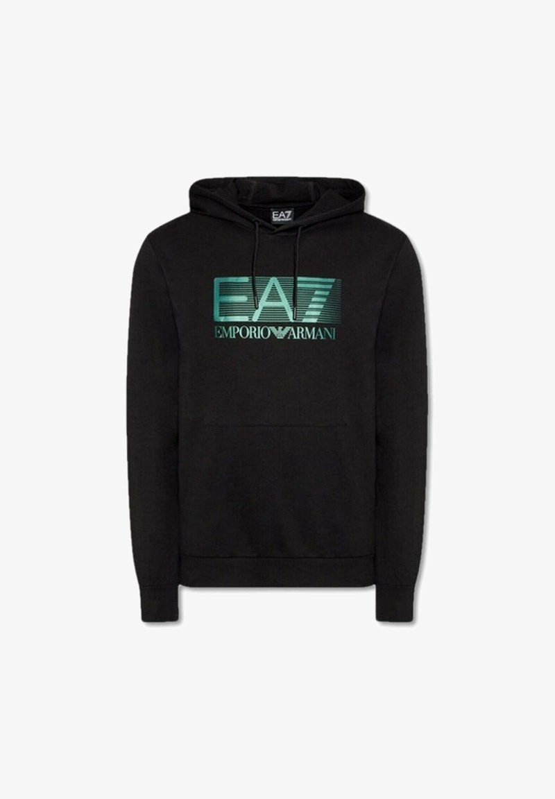 Sweat à capuche noir avec logo EA7 Emporio Armani vert et texte sur la poitrine, avec une poche avant et une capuche à cordon.