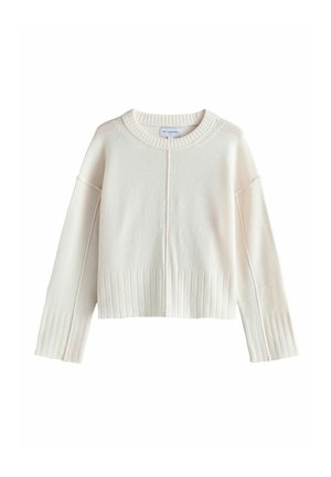 Gekürzter weißer Pullover aus weichem Strickstoff, mit geripptem Saum und übergroßen Ärmeln, klassischem Rundhalsausschnitt und minimalen Nähten.