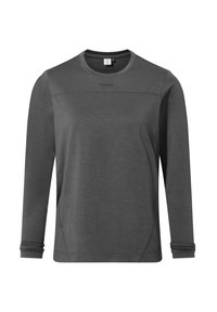 Long-sleeve shirt in dark grey, made of soft fabric. Features a crew neck, cuffed sleeves, subtle seam details, and printed logo on chest.