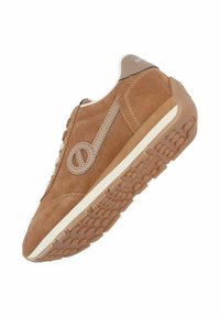 Brown suede sneaker with a textured gum sole, beige accents, and a loop detail on the side. Features white laces and reinforced stitching.