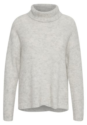 Lys grå sweater med høj hals, lange ærmer og en løs pasform. Blød tekstur med subtile farvevariationer i stoffet.