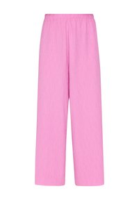Pantalon à jambes larges rose, doté d'une taille élastique et d'un tissu texturé, conçu pour une coupe ample et confortable.