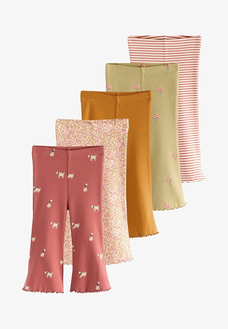 Fünf Paar gerippte Kinderhosen mit elastischen Bündchen, mit Mustern von Hunden, Blumen, Pilzen, uni Senf und roten Streifen.