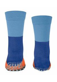 Calzini a blocchi di colore blu e navy con una suola grip testurizzata arancione, dotati di un bordo a coste e accenti in gomma puntinata per una maggiore aderenza.