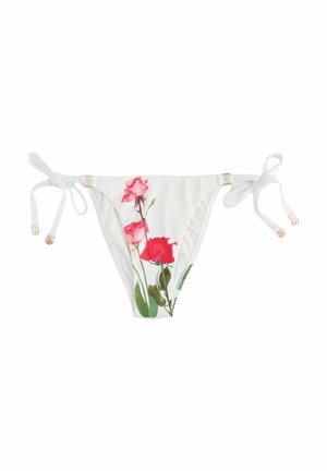 Białe bikini dolne z różowym nadrukiem róż, z wiązaniami na sznurkach po obu stronach i złotymi detalami. Miękka tekstura.