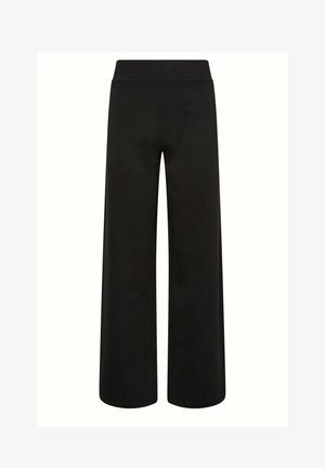 Czarne spodnie o szerokich nogawkach z wysokim stanem, bez widocznych kieszeni i ozdób, prezentowane na jednolitym tle.