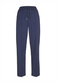 Navyblaue, leichte Leinenhose mit elastischem Bund und Kordelzug, die ein gerades Bein und Faltendetails aufweist.