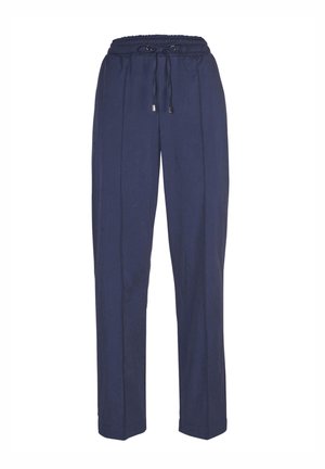 Navyblaue, leichte Leinenhose mit elastischem Bund und Kordelzug, die ein gerades Bein und Faltendetails aufweist.