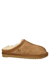Bruna mockasiner i mocka med en fluffig gräddfärgad foder och en gummisula. Har en rundad tå och en liten logotyp nära sid sömmen.