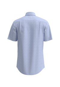 Lichtblauw overhemd met korte mouwen van textuurstof met een geruit patroon. Heeft een klassieke kraag en een fraaie ronde onderkant.