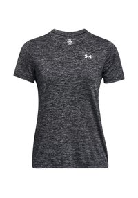Short-sleeve athletic t-shirt in black melange fabric, featuring a crew neck and a white Under Armour logo on the upper left chest.