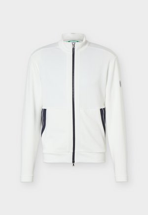 Biela bunda na zips po celej dĺžke s vysokým golierom, dlhými rukávmi a čiernymi zipsovými detailmi na predných vreckách, zobrazená na jednoduchom pozadí.