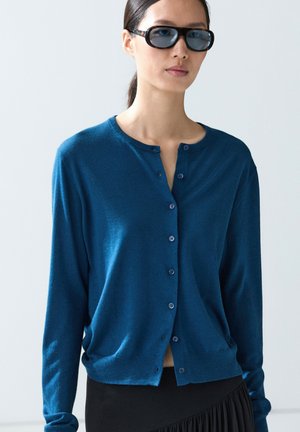 Frau mit dunkler Sonnenbrille und einem zugeknöpften blauen Cardigan steht vor einem einfarbigen hellen Hintergrund.