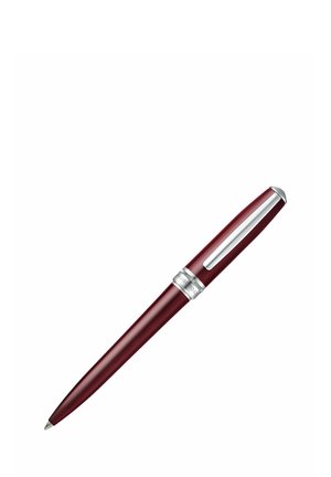 Smukły, bordowy długopis z wkładką kulkową, z srebrnym klipem i ozdobnym srebrnym pierścieniem w pobliżu góry.