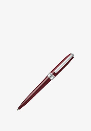 Stylo à bille rétractable bordeaux élégant avec clip argenté et anneau décoratif en argent près du sommet.