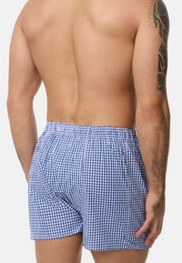 Pánské modro-bílé kostkované boxerky s elastickým pasem, nabízející hladký textilní materiál a volný střih.