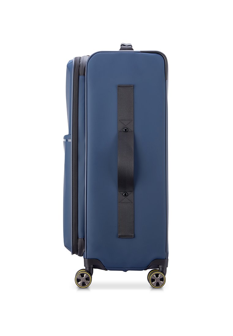 Hartschalenkoffer in Marineblau mit zwei glatten Rollen, einem seitlichen Griff und einem Reißverschlussverschluss. Verfügt über einen strukturierten schwarzen Riemen für komfortables Tragen.