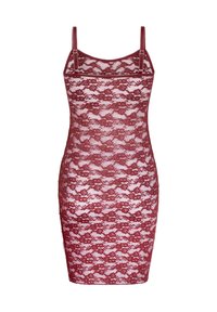 Κόκκινο δαντελένιο φόρεμα με λεπτές τιράντες, εφαρμοστή σιλουέτα, λουλουδένιο δαντελένιο μοτίβο και διαφανή υφή. Το μήκος είναι πάνω από το γόνατο.