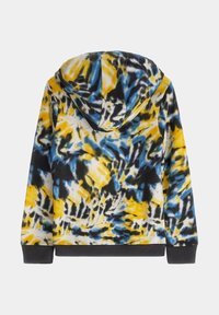 Kapuzensweatshirt mit einem lebhaften Batikmuster in Gelb, Blau und Schwarz. Aus weichem Stoff mit einem gerippten Saum und Bündchen.