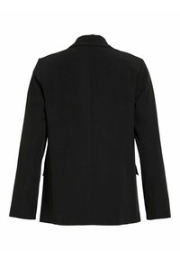 Černé sako s klasickým límcem, dlouhými rukávy a rovný střihem. Zadní rozparky pro snadnější pohyb a hladký materiál.