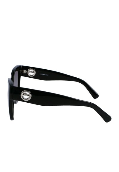 Lunettes de soleil noires à finition brillante, monture rectangulaire, détails en métal argenté et logo Longchamp sur les branches.