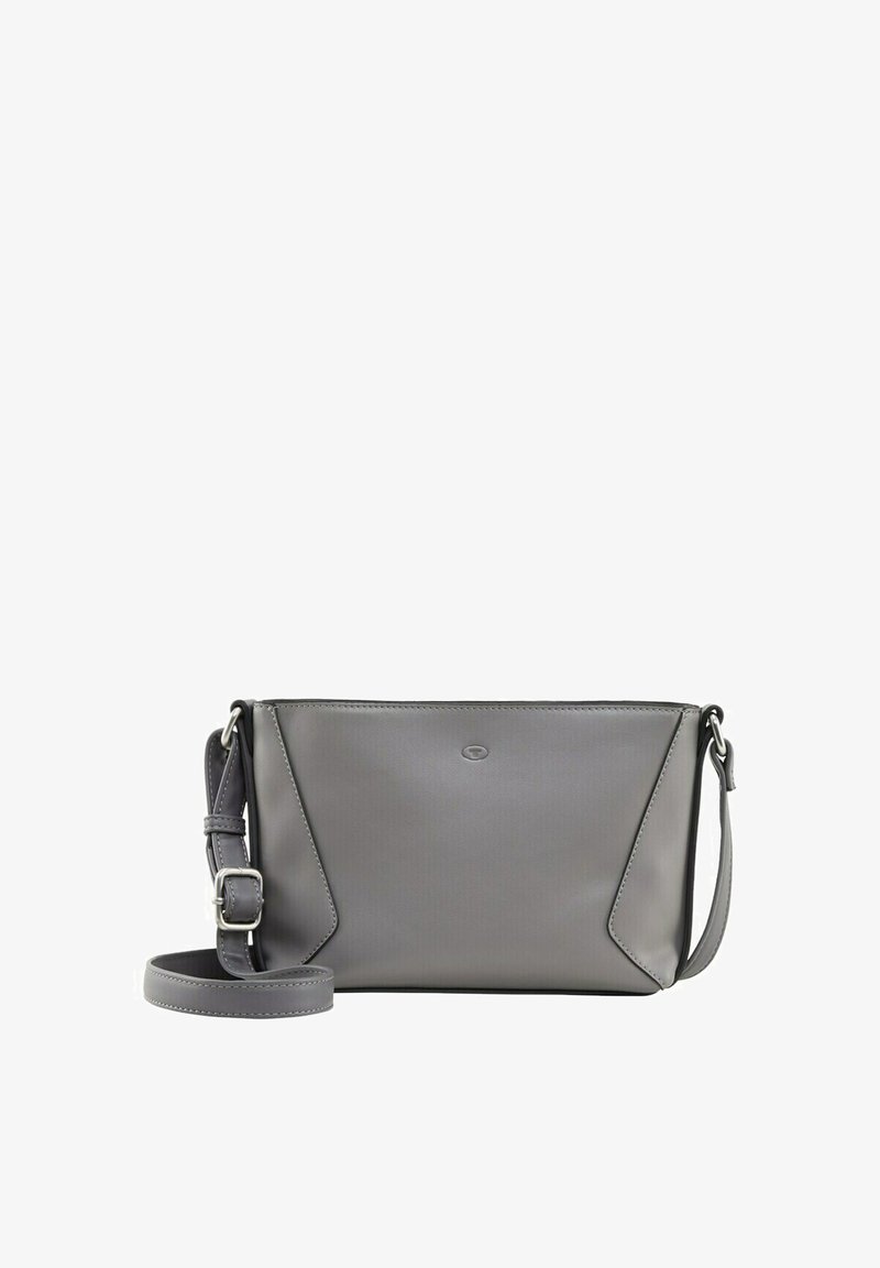 Borsa a tracolla grigia realizzata in materiale sintetico liscio. Presenta un design minimalista con forma angolare, tracolla regolabile e un logo discreto.