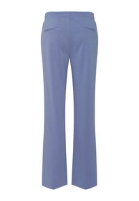 Purple, flared pants with a smooth texture, elastic waistband, and two back pockets. The design features straight sides and a soft finish.