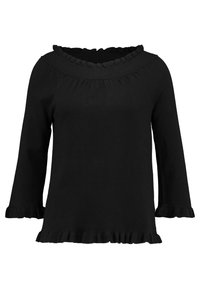 Pull noir avec un large col à volants, manches trois-quarts et détails à volants sur l'ourlet, confectionné dans un tissu en maille lisse.