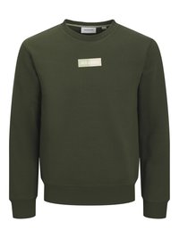 Olivengrøn crewneck-sweatshirt med ribbet ærmeender og kant, med en lille centreret "JACK & JONES" logo-patch på brystet.