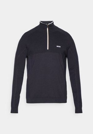 Sweatshirt azul-marinho com fecho de zíper de gola alta, padrão texturizado, zíper bege em contraste e logotipo branco "BOSS" no peito. Possui mangas longas.