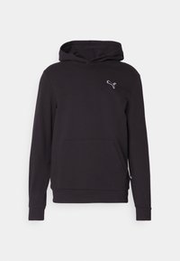 Sudadera negra de mezcla de algodón, con bolsillo frontal, mangas largas y un pequeño logo blanco en el pecho. Tela texturizada.